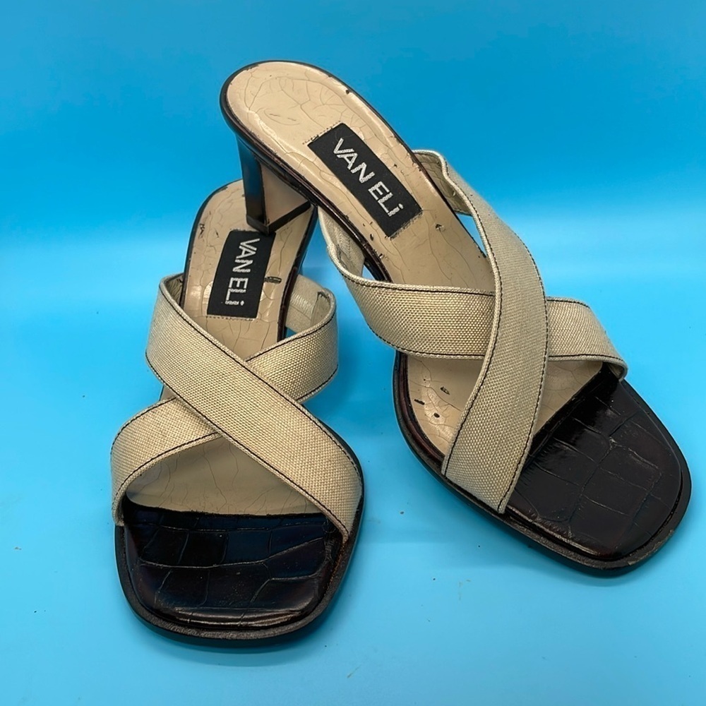 Van Eli Natural Linen Malice Slip On  Cross-Strap Sandals - Size 7.5